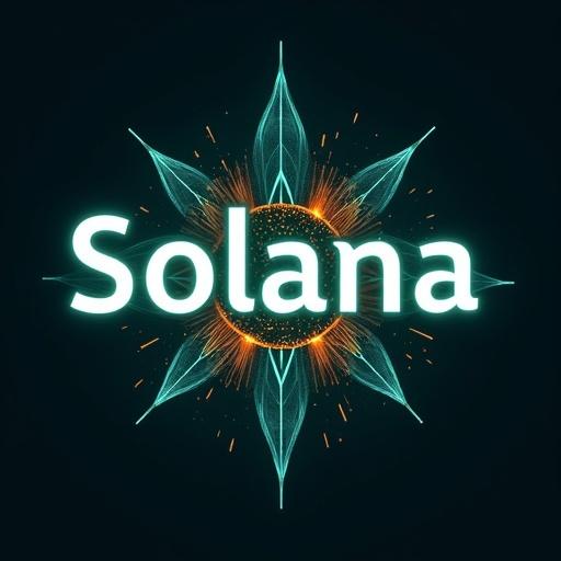 Vibrant graphic featuring Solana logo with futuristic digital effects. Dark Teal evokes modern tech vibe. Beige adds warmth and inclusivity. Metallic Gold represents premium innovation. Neon aesthetics enhance visual appeal.