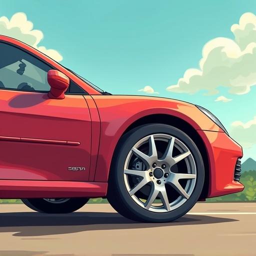 Cartoon style image of a red car focusing on the wheel. The backdrop features a clear sky and green hills. The image captures the car's side profile highlighting the wheel.