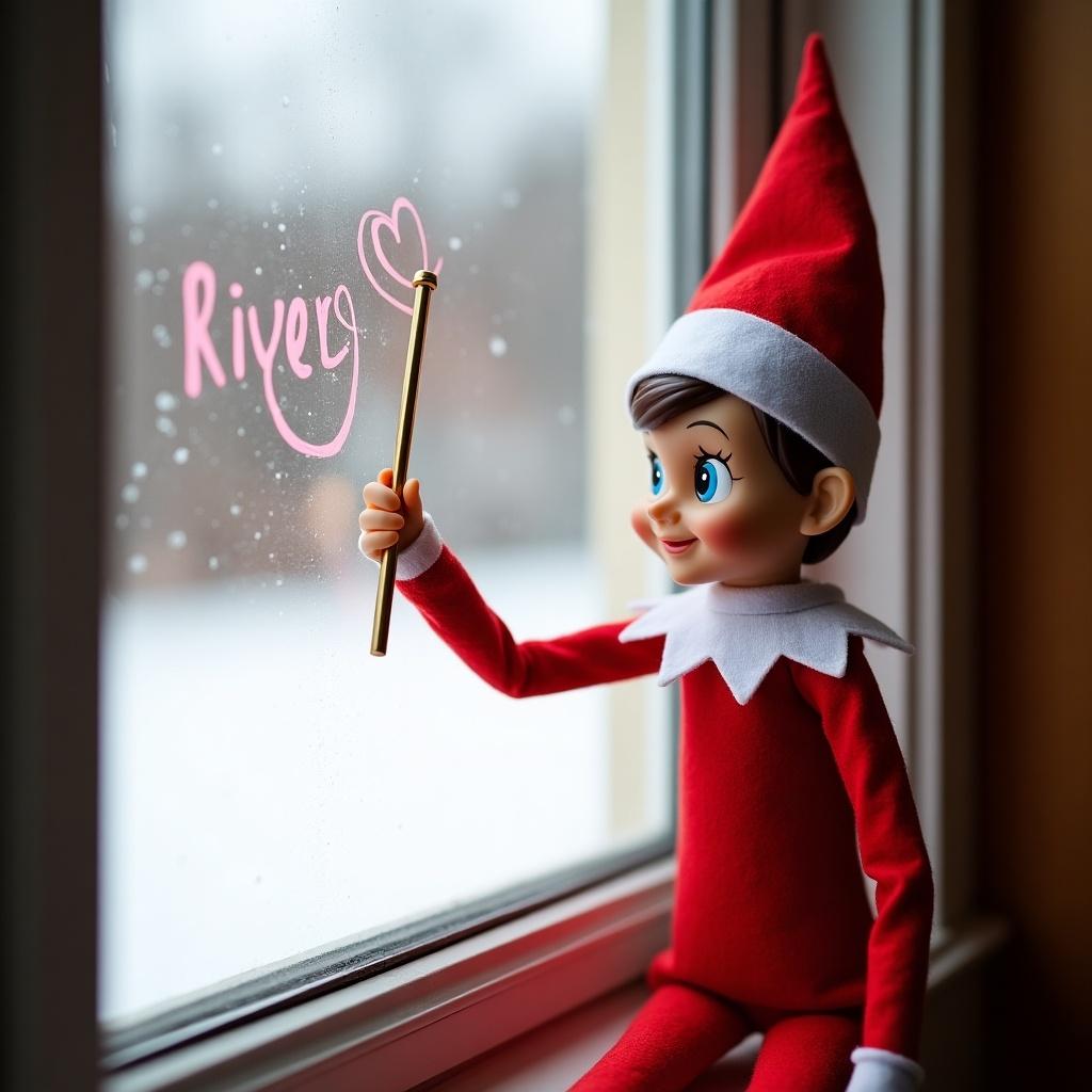 Elf doll in red outfit writing Riley on window with a magic wand. Scene shows snow outside the window. Focus on magical winter theme.