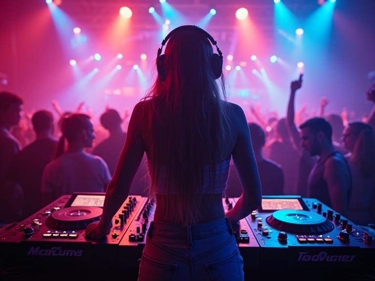 Lively Berlin nightclub scene featuring a DJ playing hypnotic techno beats with colorful lights illuminating the dance floor. Immersed techno girl captures the essence of the digital sound revolution.