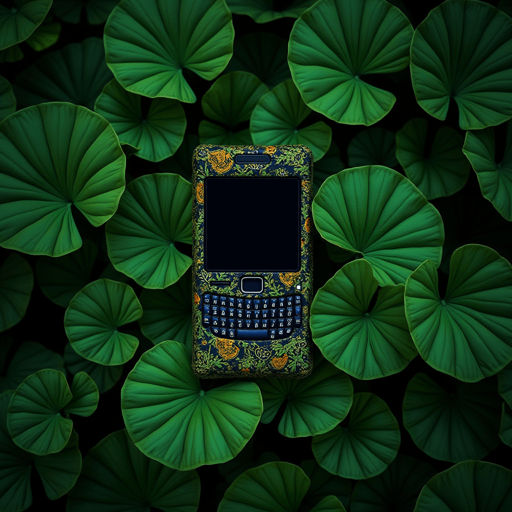 A vintage cellphone with an intricate floral design rests among lush green leaves.