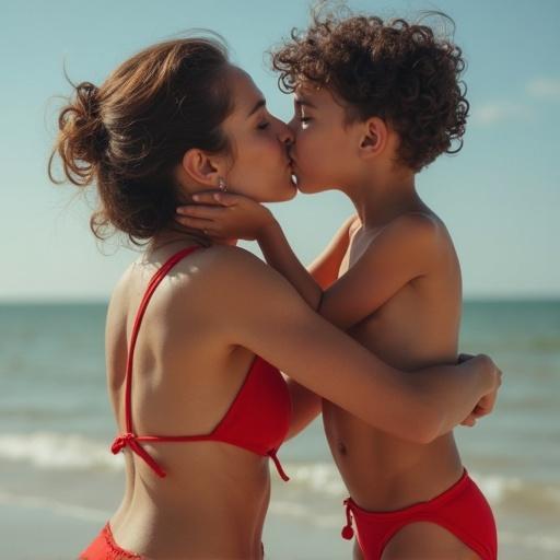 A woman in a red bikini kisses a child in swimwear. Soft natural light and beach background create a warm ambiance. They are seen at eye-level, focusing on their affectionate moment.