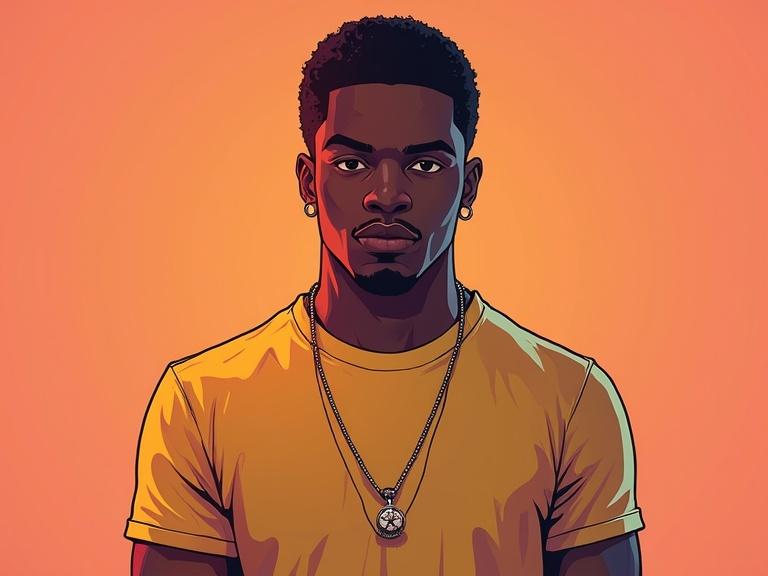 Digital illustration of a black male character in full body. Character is facing the camera directly. The character wears a solid color t-shirt in vibrant yellow. Lighting is full frontal with no shadows. Style is similar to Grand Theft Auto with bold outlines and saturated colors.