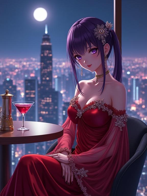 A breathtaking woman sits gracefully in an upscale lounge. She faces forward by a large window. Violet eyes and purple hair create an enigmatic charm. Shiny silver kanzashi adorn her hair. Long silver earrings accentuate her face. Off-shoulder red gown is shiny with floral patterns. Red sheer sleeves add elegance. A deep wine-red cocktail rests on the bar. The vibrant city skyline glows outside with a full moon casting light. The ambiance is romantic and sophisticated with cinematic lighting.
