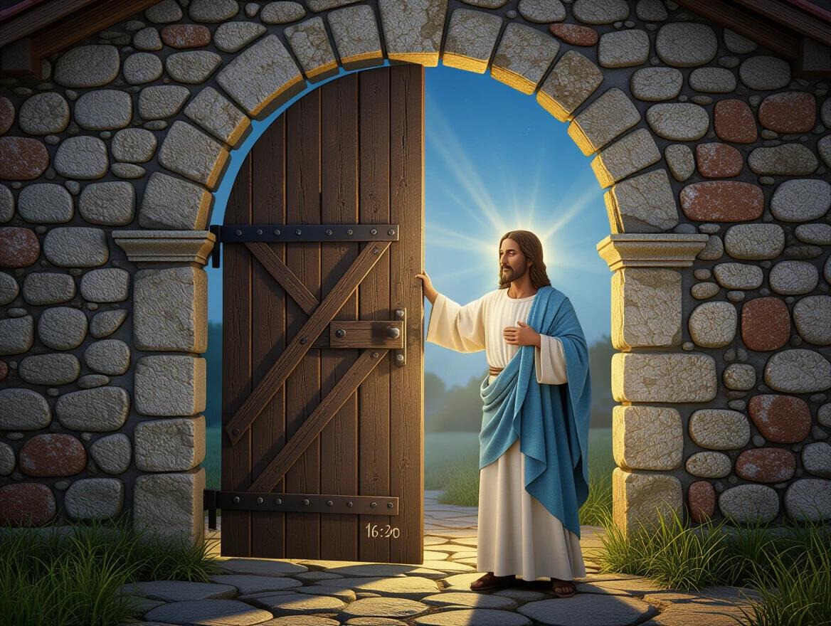 An ancient wooden door closed tightly. Jesus stands outside the door knocking with a sad and hopeful expression. He is wearing a white tunic and a blue cloak. The surroundings are dark night with a subtle divine light upon Him. Strong symbolism of being left outside.