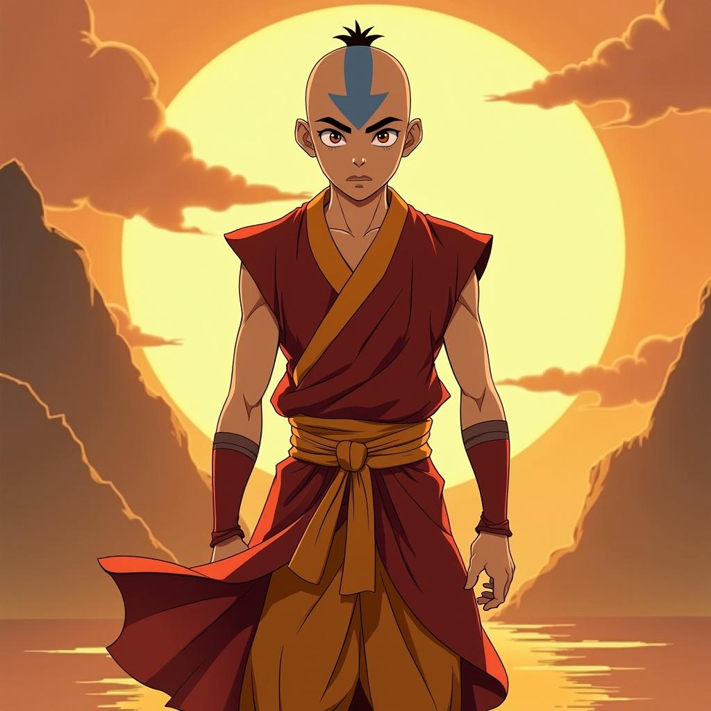 Avatar Aang stands in front of a sunset. Aang is wearing traditional robes. The landscape features mountains in the background.