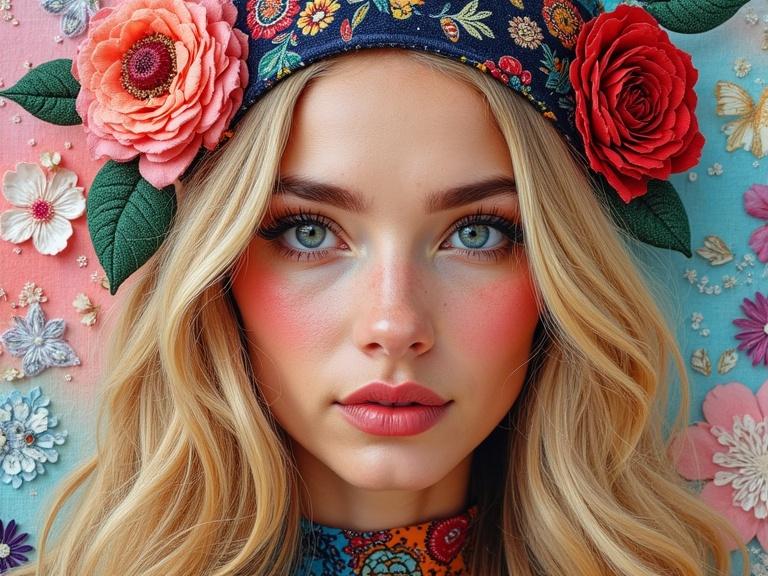 Vibrant and intricate collage portrait of a blonde woman. Collage made of colorful patterned fabrics. Long flowing hair and calm expression. Features defined with diverse textures. Floral crown adds a personal touch. Patterns include floral designs and geometric styles. Background extends with softer tones for contrast. Mood is vibrant and reflective.