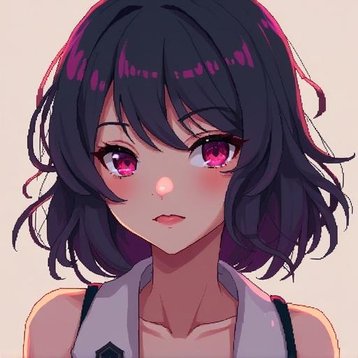 Portrait of a fantasy character in pixel art anime style. Character features long hair and vibrant eyes. Artwork focuses on creating a hot and appealing look.