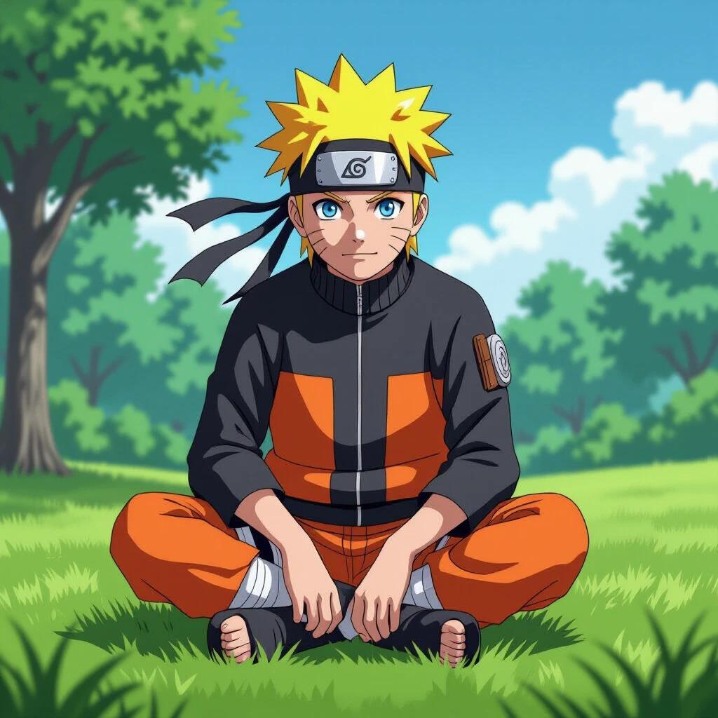 Anime character sitting cross-legged on a lush green lawn. The character has spiky yellow hair and wears an orange and black outfit. A bright blue sky with fluffy clouds fills the background.
