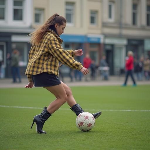 CCTV footage captures a girl playing soccer. She is wearing a unique lowrise outfit consisting of a skirt and very high 8" heel stiletto shoes. The setting is street photography style. She is performing a soccer kick on green grass.
