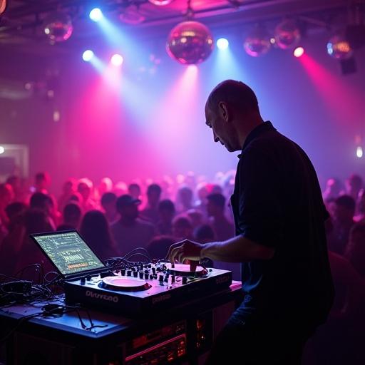 DJ performance in a crowded nightclub. DJ using mixers surrounded by sound systems. Colorful lighting effects from LED spotlights. Disco ball reflecting light in the club. Large audience dancing and enjoying the music.