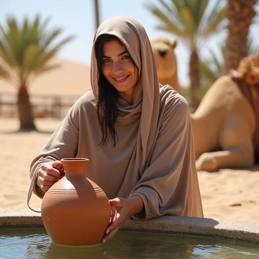 27-year-old Saudi woman filling clay jug from desert oasis. Abaya blowing in wind. Face framed by lightweight veil. Eyes lined with kohl. Smiling at cool water. Sun high casting sharp shadows. Strands of dark hair stick to neck. Palm trees provide shade. Camel rests nearby. Desert light and natural skin glow.