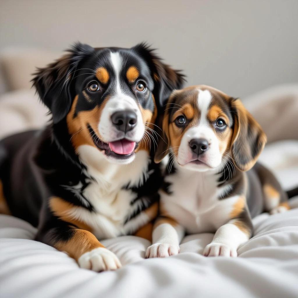 Two dogs are sitting together on a soft bed. One dog has black fur and looks happy. The other dog is a smaller beagle. The background is soft and neutral.