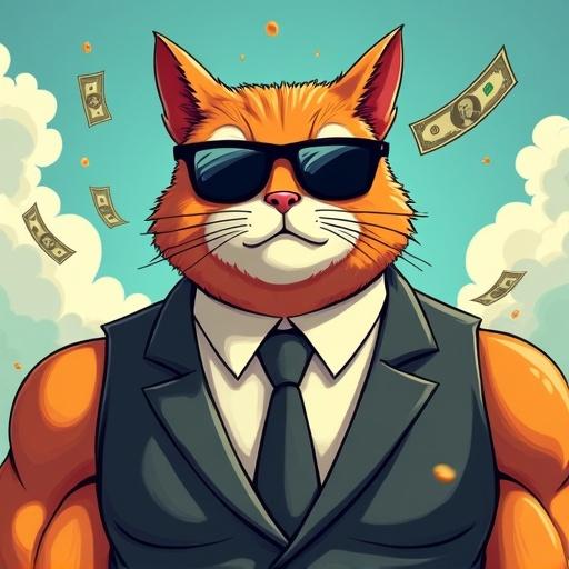 Cartoon cat with a muscular build dressed in a suit. Cat has a serious face and dark sunglasses. Dollar bills and coins are falling from the sky.