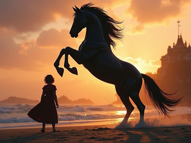 A child in a dress stands on a beach watching a black horse jump in the sunset skies. The horse is captured in a dynamic pose, with warm hues reflecting on the water.