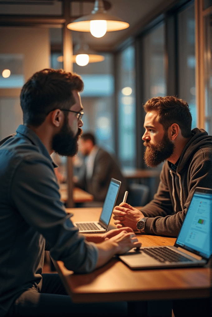 Two men, deeply engaged in conversation, sit across from each other at a table in a cozy, modern office setting, with laptops and notebooks in front of them.