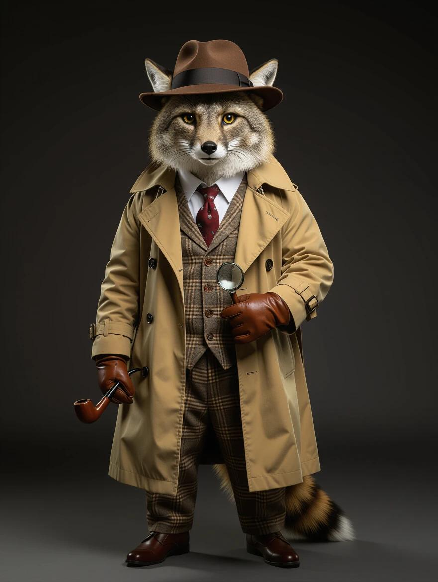 A full-body portrait of a single fox dressed in 1968 detective-style fashion. Wearing a vintage trench coat, plaid vest, fedora hat, leather gloves, and necktie. Fox posed realistically with a pipe and magnifying glass. Background simple and dark, emphasizing the character. 2K resolution, vertical aspect ratio, analog film look, shallow depth of field.