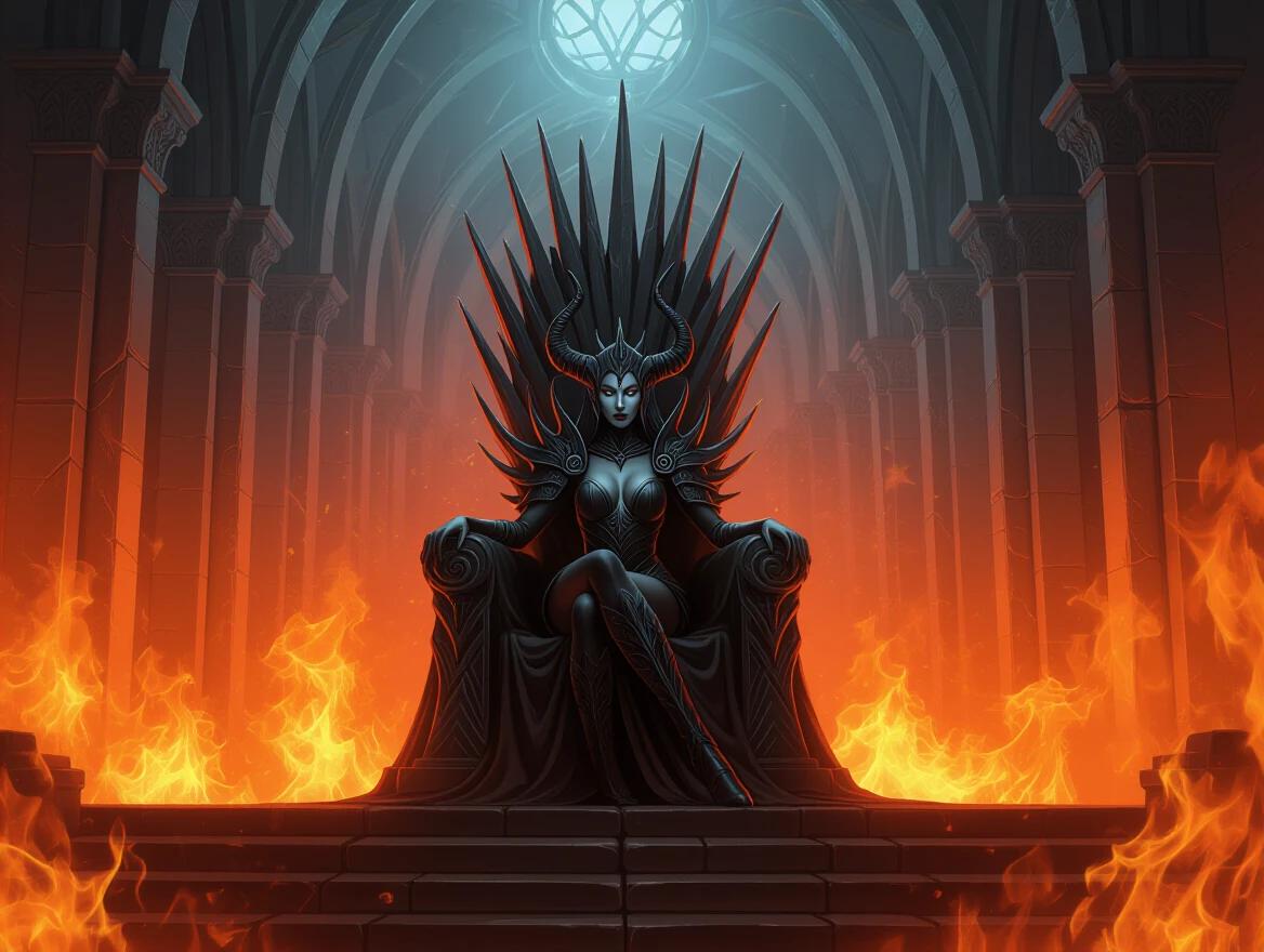 Demon Queen seated on a dark throne in a fiery throne room. The room is illuminated by flames and shadows. A powerful atmosphere surrounds her. Gothic architecture enhances the foreboding presence.