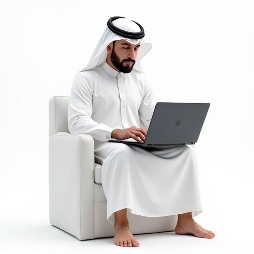 A Saudi character sitting and working on a laptop. A young businessman in traditional white thawb and black ogal. Sitting on a chair with a plain white background.