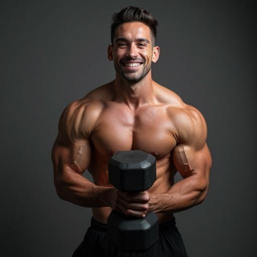 Muscular man lifts heavy dumbbell effortlessly. He looks at the camera with a smirk. Strong and fit appearance. Dramatic lighting emphasizes his muscles.