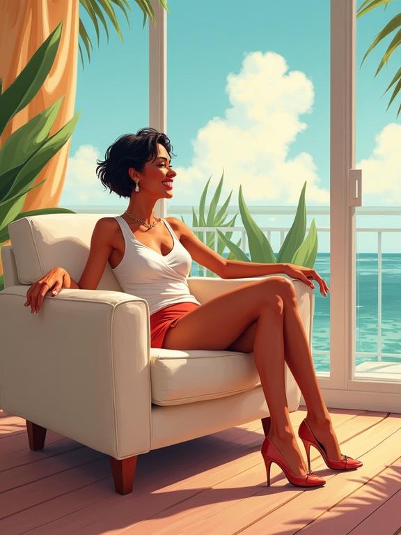 Illustration of a mature woman sitting on a sofa. She appears happy and relaxed. The setting is outdoors with a view of the beach. It's a sunny day. The woman has short hair and wears high heels. Her legs are crossed. She's leaning back with her arms spread. The background has tropical plants and a scenic ocean view.