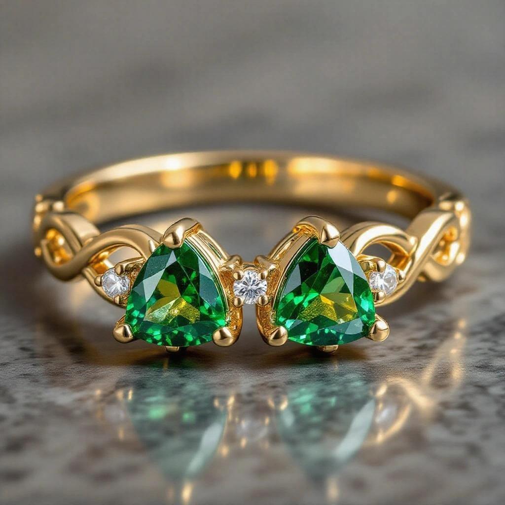 A gold ring features two trillion shaped Tsavorite Green Garnets. A small trillion diamond is on each side. The band has an organic vine-like appearance with Celtic knot motifs.