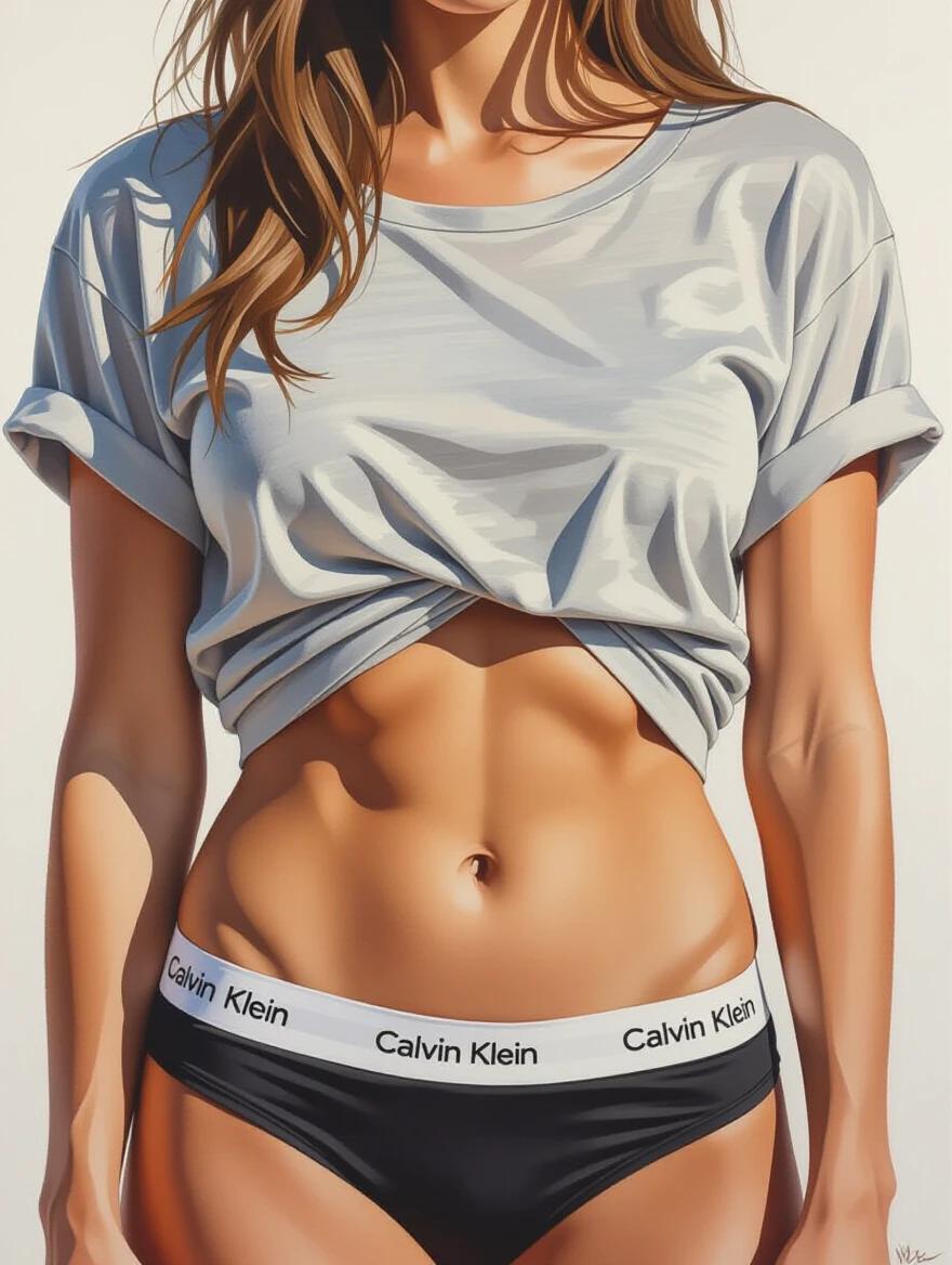 Watercolor painting of a woman wearing a loose gray t-shirt that is lifted. The abdomen is toned and brown-skinned. The woman is wearing black Calvin Klein underwear with a white waistband. The background is white, providing contrast. The painting features expressive brushstrokes and a focus on texture. The lighting is even and natural. The perspective is low-angle and the style is modern and minimalistic.