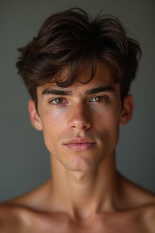 15 year old young man with thick dark brown hair in a short layered cut. He has medium brown skin and well-defined facial features. Dark brown eyes, straight nose, defined jawline, and full lips. Thin but muscular body with veiny hands and arms.