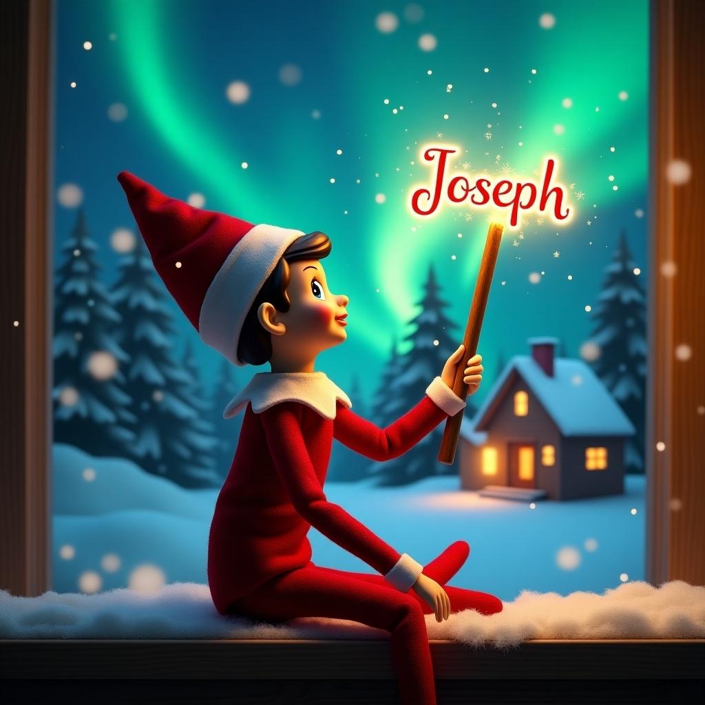 An elf on the shelf sits gazing skyward while holding a glowing wand. A charming Christmas scene is presented with colorful northern lights. A cozy house is in the distance. Snow covers the ground. The elf embodies the magic and wonder of Christmas. The name 'Joseph' appears in the air from the wand.