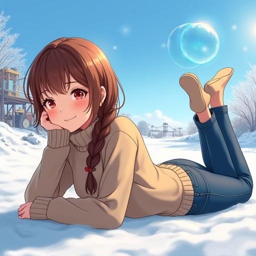 Create an illustration of a young woman with long brown hair in a braid. She wears a cozy beige knit sweater and blue jeans. The setting is a snowy landscape with a clear blue sky. The woman lies on the snow, legs up, one hand under her head. A blue bubble floats nearby. Soft warm lighting creates a cozy atmosphere with detailed textures on the snow and clothing.