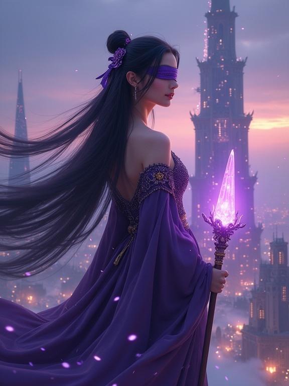 Beautiful Japanese woman with long dark purple hair in an elegant mage robe. Silk blindfold covers her eyes. She stands confidently at Geffen Tower. Calm posture with a glowing staff. Magical city under twilight sky. Fantasy realism, ethereal atmosphere.