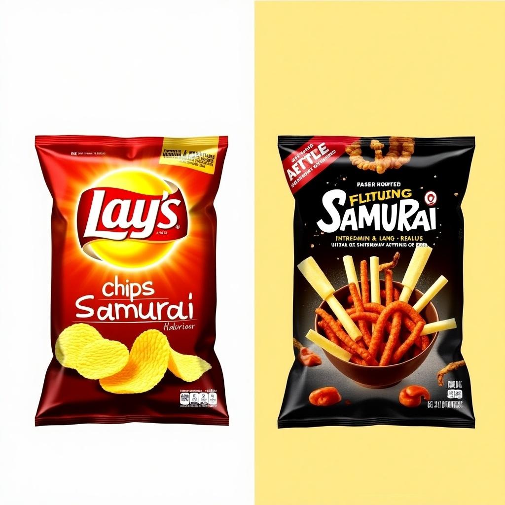 Image of two snack bags side by side. Left bag Lay's with Samurai flavor. Right bag also Samurai flavor but different design. Bags feature vibrant graphics. Showcases unique flavors. Reflects modern snack branding.