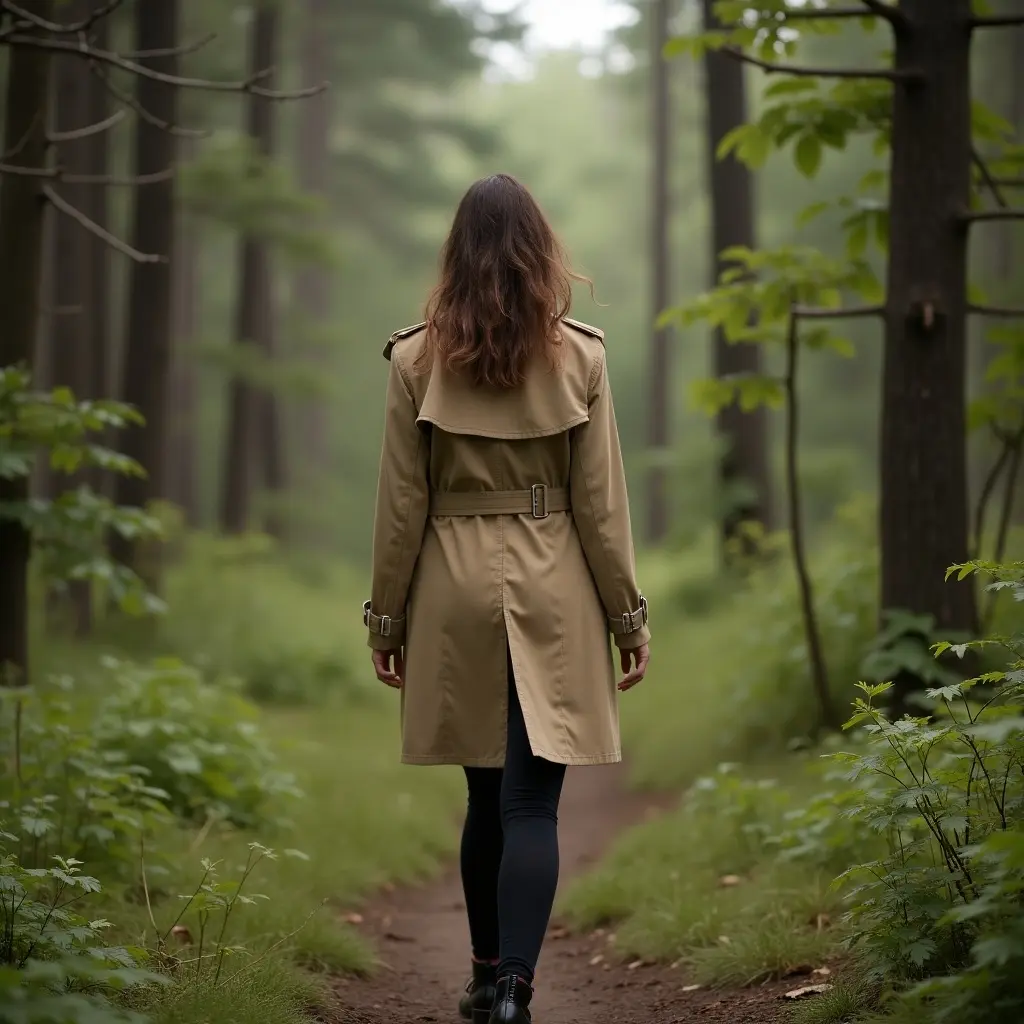 A woman wearing a trench coat is gracefully walking through a serene forest path. The trees around her provide a lush green backdrop, creating a peaceful atmosphere. The soft, diffused light adds to the tranquility of the scene. Her trench coat flutters slightly with the gentle breeze, blending elegance with the natural setting. This image captures the essence of adventure in the wilderness, appealing to those who appreciate fashion and nature.