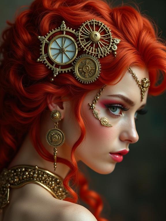 Photorealistic portrait of a steampunk goddess. Her red coiled hair is adorned with gilded cogs. Metallic cerise gloss on lips. Colorful glittery makeup enhances her features. Alluring outfit accentuates curves. Capture sharp details and realism.
