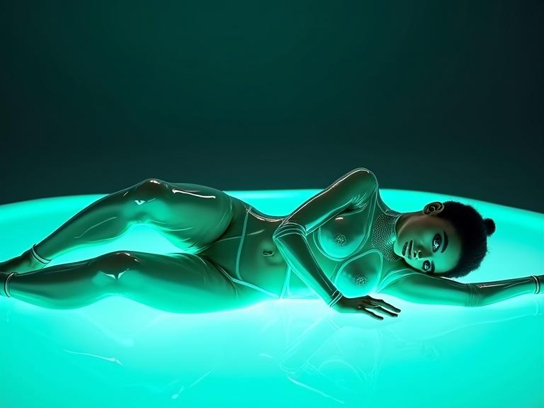 Photograph of a futuristic, thin black woman reclining on a glowing metallic surface. She has a slender athletic build and form-fitting high-tech bodysuit with luminous neon green accents. Suit made of shiny, futuristic material reflecting light. Light porcelain-like skin tone and sleek high bun hairstyle. Sharp angular facial features with high cheekbones and dark eye makeup in contrast to pale skin. Lying on side with left elbow propped up and right hand resting beside her. Deep dark blue background contrasting with glowing surface and outfit enhances futuristic feel. Cool tones give a cold, otherworldly atmosphere. Dramatic lighting highlights the woman and suit, casting subtle shadows for depth. Surface appears to be high-tech, possibly part of a spaceship or advanced lab.