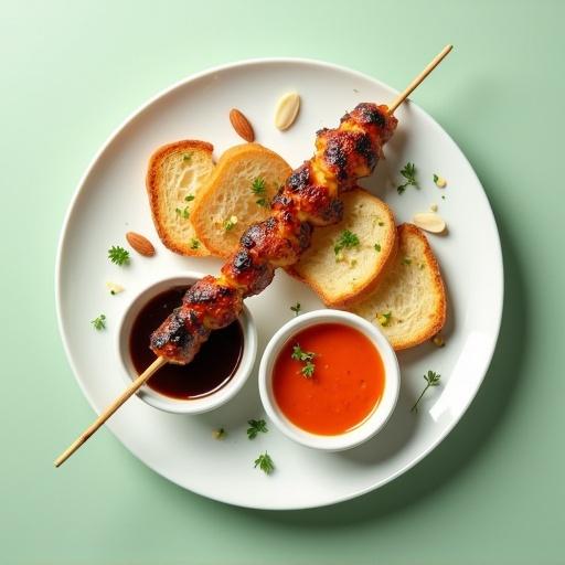 Minimalist food scene with a white round plate. A single skewer of grilled chicken with uniform pieces. Chicken pieces are golden brown with grill marks. Two small dipping dishes: dark teriyaki sauce and red-orange Thai sauce. Slices of toasted bread slightly overlapping around the skewer. Sprigs of fresh thyme and whole almonds for garnish. Soft light green background and gentle lighting for realism.