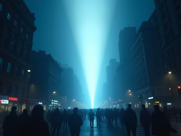 Image of a dramatic urban scene with a powerful bright light in the sky. People silhouetted against the light, low angle perspective. Nighttime setting with a cinematic feel. Add city street elements like shops and traffic.