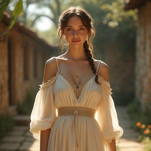 A breathtakingly elegant woman in a medieval fantasy world. She has a curvy figure and exudes quiet confidence. The woman wears a noble gown made of lightweight linen and silk in soft colors. The gown features translucent sleeves and is cinched at the waist. The setting includes a rustic stone cottage, illuminated by warm sunlight. The atmosphere feels light and serene.