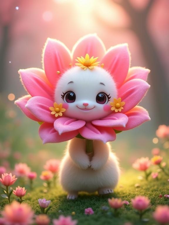 Whimsical animated creature resembling a flower with a cute face smiling. Round white face with large expressive black eyes. Fluffy white fur with tiny arms crossed. Petals around head and body in pink with yellow flowers. Dreamy forest background with glowing lights.