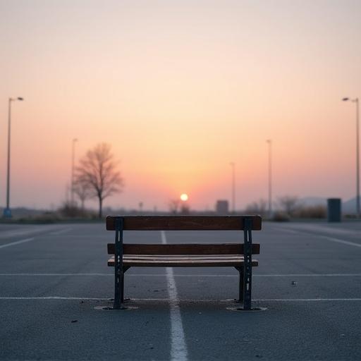 Solitary wooden bench with metal armrests in an empty asphalt parking lot during sunset. Bench is weathered with chipped paint and soft shadows. Sky painted in pastel hues peach lavender pink and dusty blue blending softly. Parking lot has faded white lines with scattered leaves. Warm diffused lighting with golden hour tones. Shallow depth of field with gentle bokeh in background. Scene evokes tranquility and solitude.