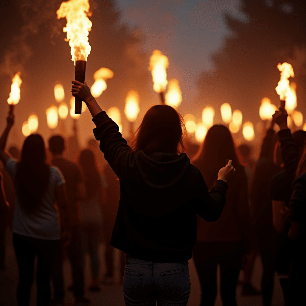 A group of people walking during twilight, holding flaming torches.