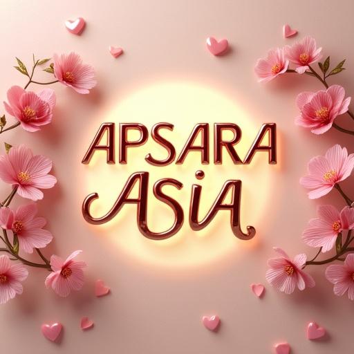 Luxurious 3D render of text APSARA ASIA. Elegant swirling font in rose gold and blush pink. Framed by hand-painted cherry blossoms and gold leaves. Vibrant pink hearts on sides. Smaller pink hearts below. Soft beige background with a warm glow behind text.