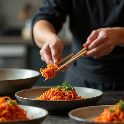 Closeup of a Chinese chef preparing noodles using chopsticks. Plates with noodles arranged aesthetically. Kitchen setting shows culinary skills.