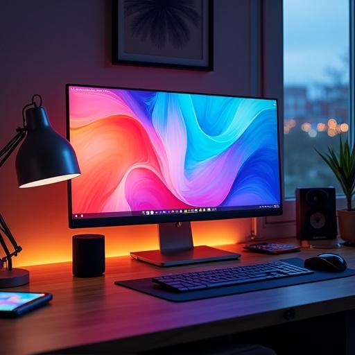 Modern desk setup with a vibrant abstract wallpaper on a computer monitor. Warm ambient lighting that matches the wallpaper colors. Sleek keyboard and mouse on the desk. A classic lamp and speaker featured. Mobile device with a colorful screen nearby. Urban landscape visible outside the window, indicating evening or nighttime.