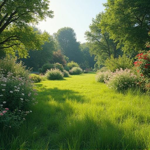 Tranquil garden with lush meadows and various flowering plants creating a peaceful environment.