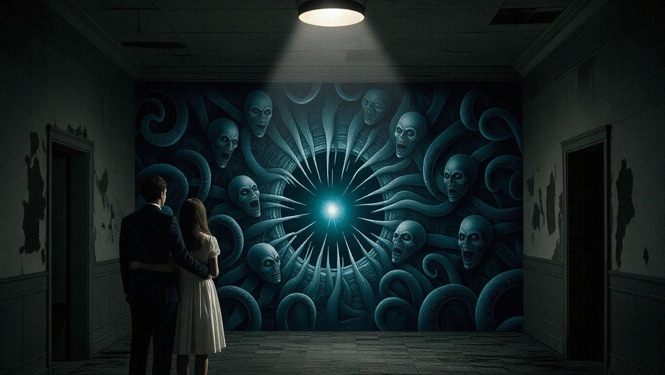 Surrealist photo of a couple in a dilapidated room. The man wears a classic suit and holds an unconscious girl. They face a bizarre portal on the wall. The portal has twisted, ghostly figures and tentacles. A bright light above casts eerie shadows. The atmosphere is gloomy and supernatural.