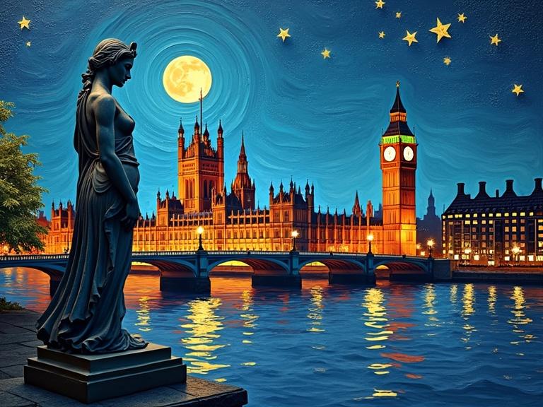 3D layered texture art featuring a Goddess statue overlooking the London skyline at night. London is illuminated under a full moon. Thick layers of paint create a vibrant impasto effect. The Buckingham Palace and Big Ben are visible. City lights reflect on the river under a starry sky.