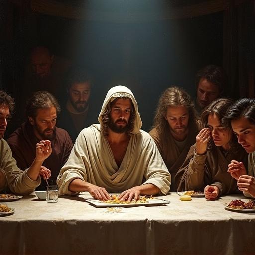 A reinterpretation of the Last Supper with Star Wars characters integrated into the scene. Central figure resembles Christ. Characters seated around a table enjoying a meal, showcasing diverse expressions.