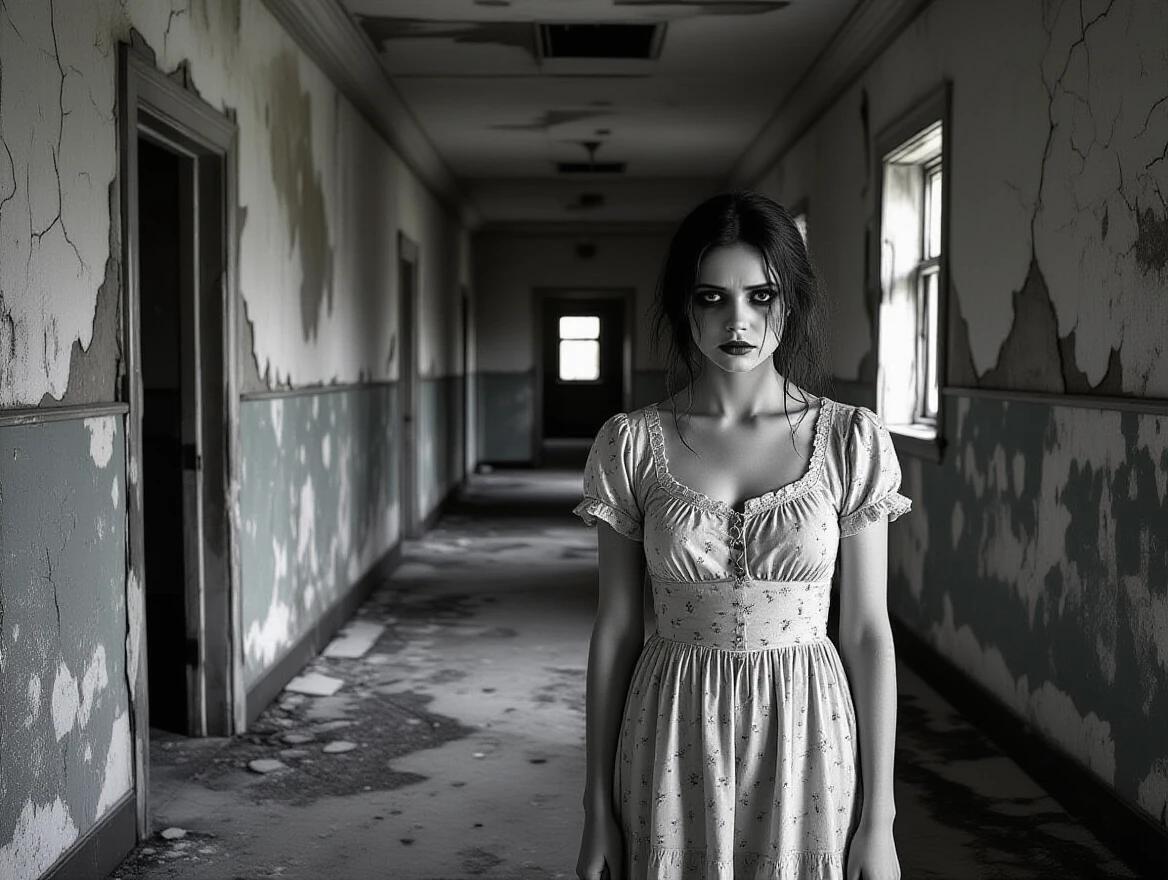 Black and white photograph of an abandoned asylum. A woman stands at the end of a long, decaying hallway. Surroundings show dilapidated walls and a moldy floor. Lighting is dim with high contrast shadows. The atmosphere is filled with a sense of fear and despair.
