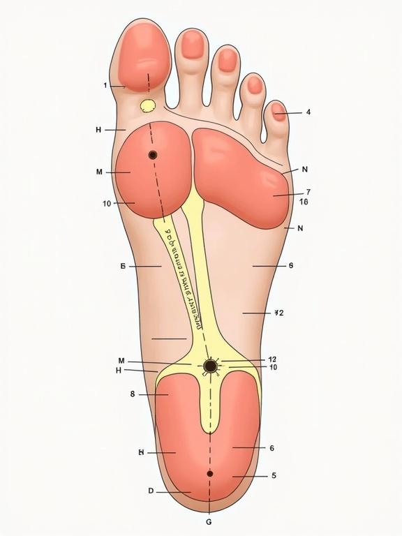 A reflexology foot chart that highlights pressure points related to heart function. Shows the foot with clearly marked areas indicating reflexology zones. Illustrates connections between foot areas and bodily functions.